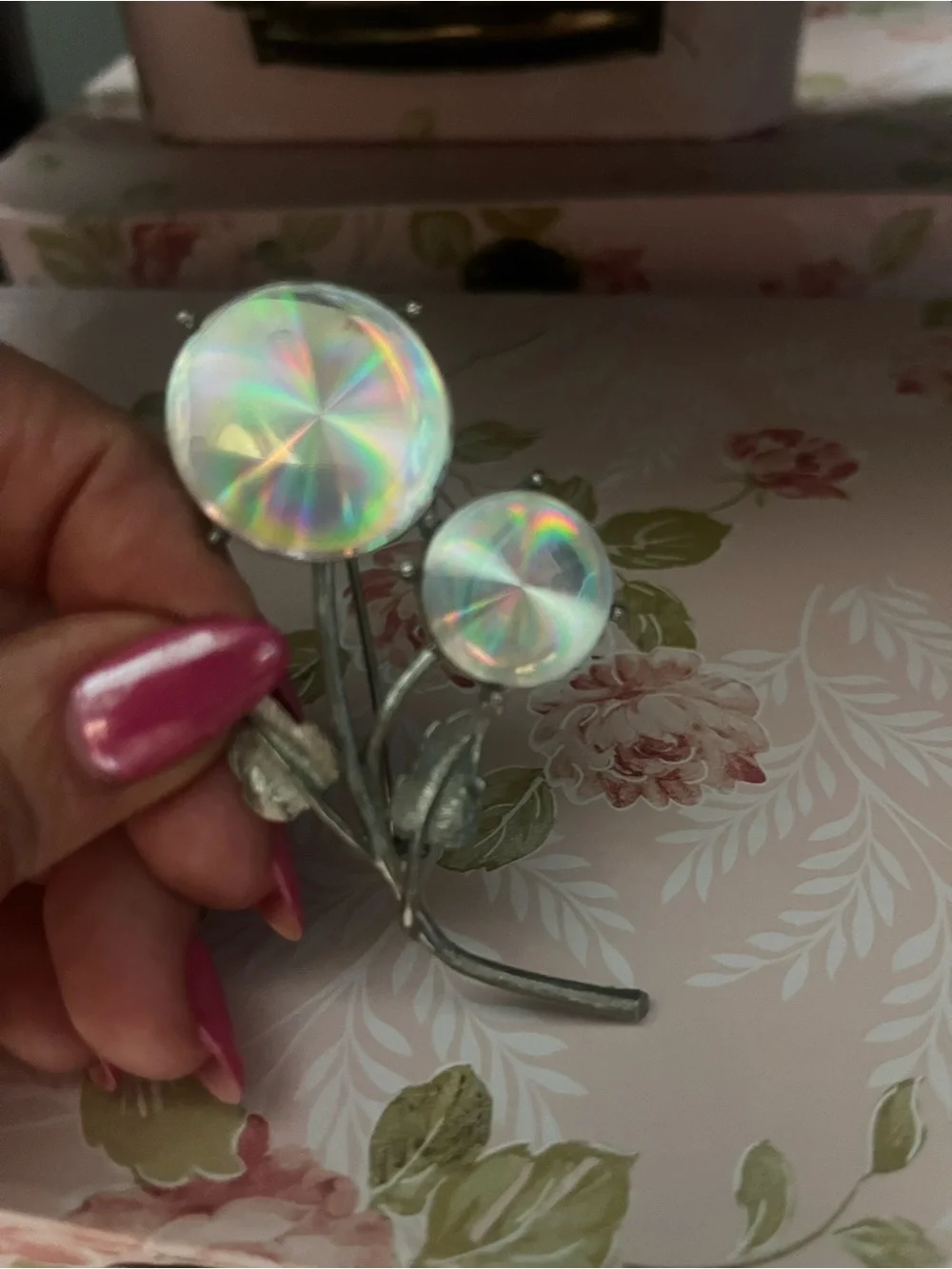 Vintage Jewelarama Flower Brooch Silver Tone Iridescent Cabochon Pin